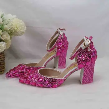 Nove Ljetne Ženske Sandale od Фушии sa dekoracijom u obliku kristala, ženske cipele vjenčanje s remenom na щиколотке, Trendi Ljetne Sandale na Debelom petu cipele s kopčom za Djevojčice