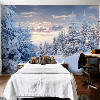 Običaj Zidne Tapete 3D Snijeg Pogled Na Planine Bijela Šuma Krajolik Slike Zidno Slikarstvo Dnevni boravak Restoran Papel De Parede 3 D