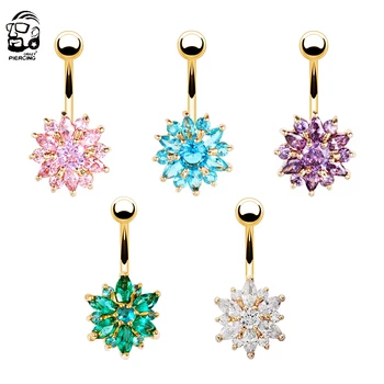 1pc Luksuzni Crystal Zeleni Cvijet Piercing Pupka Barovi Od Nehrđajućeg Čelika Prsten Za Pupak Privjesak Piercing Омблиго Trbuh Nakit