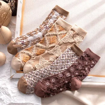Klasicni smeđe jesensko-zimske čarape s vezom za djevojčice, reljefni mali cvjetni dijamant velike etničke čarape