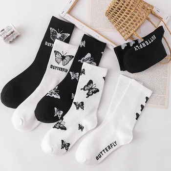 1 par čarapa srednje dužine za djevojčice iz japanskog, evropskog i američkog pamuka, slatka modne čarape s leptirićima, кавайные ženske čarape