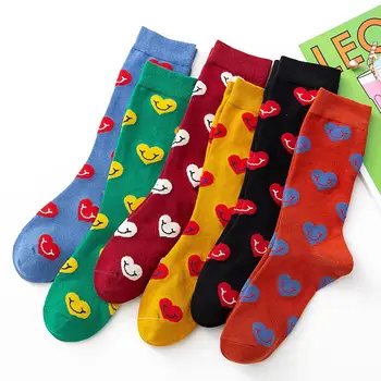 12 kom. = 6 parova/lot, Novi trendi pamučne čarape Happy, Ženske slatka čarape smajlića u obliku srca s likovima iz crtića, zabavne čarape za djevojčice u korejskom stilu, Sox