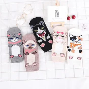 5 Pari Novih Modnih proljeće-jesen ženskih Čarapa u stilu Харадзюку, prozračna pamučna čarapa s likovima iz crtića Kawaii, Slatka čarape s mačkama za djevojčice, Vesela Zabava Čarape