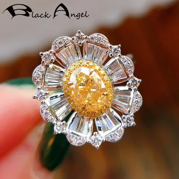 CRNI ANĐEO 2021 Novi 925 Srebro Žuta Crystal Prsten za Žene Elegantan Optočena Sjajna Cirkon Veliki Cvijet Nakit, Vjenčani Dar